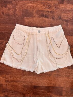 Peach Love California White Denim Shorts with Pearl & Chain Accents